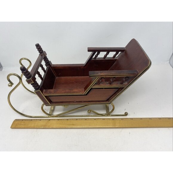 Vtg Wooden Christmas Santa Sleigh Display with Brass Metal Runners Holiday 13x5” - Picture 10 of 13